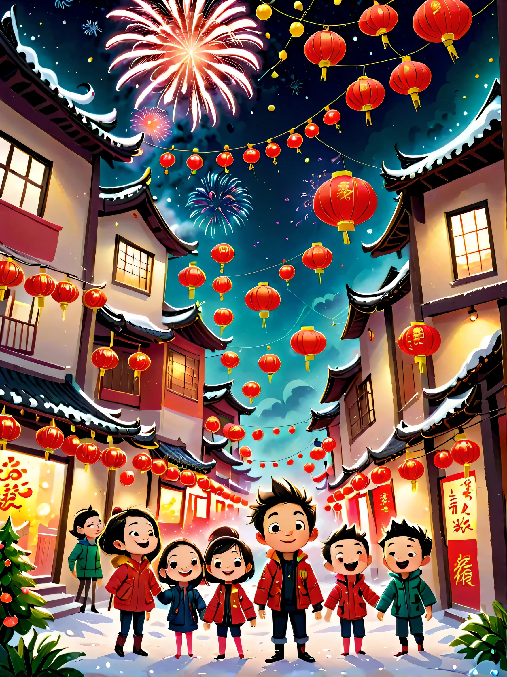 児童書, (Tim Burton style)，(Illustrations capture the essence of Chinese New Year)，(Modern town:1.2), (Lanterns and festoons)，It's snowing，In the joyful atmosphere of the New Year，(5 children wearing down jackets set off firecrackers)，(There are many fireworks in the sky)，the picture was beautiful，(Detailed and vivid children&#39;Hand drawn illustrations)，Show people&#39;s expressions