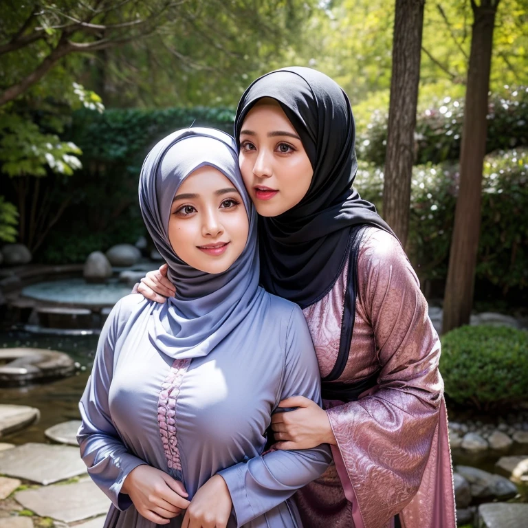 8K, absurdres, detailed face, half body, a beautiful muslimah woman named filzah with medium breasts is wearing chador and malay baju kurung, her attractive girlfriend named uqasha with big breasts wearing shawl and dress, filzah is kissing uqasha's breasts and tits, uqasha's head tilted up, 2 woman, in a japanese garden, photorealistic, masterpiece, highly-detailed, naughty smile