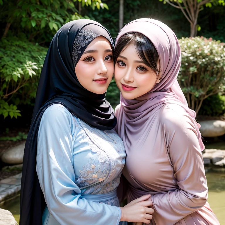 8K, absurdres, detailed face, half body, a beautiful muslimah woman named filzah with medium breasts is wearing chador and malay baju kurung, her attractive girlfriend named uqasha with big breasts wearing shawl and dress, filzah is kissing uqasha's breasts and tits, uqasha's head tilted up, 2 woman, in a japanese garden, photorealistic, masterpiece, highly-detailed, naughty smile