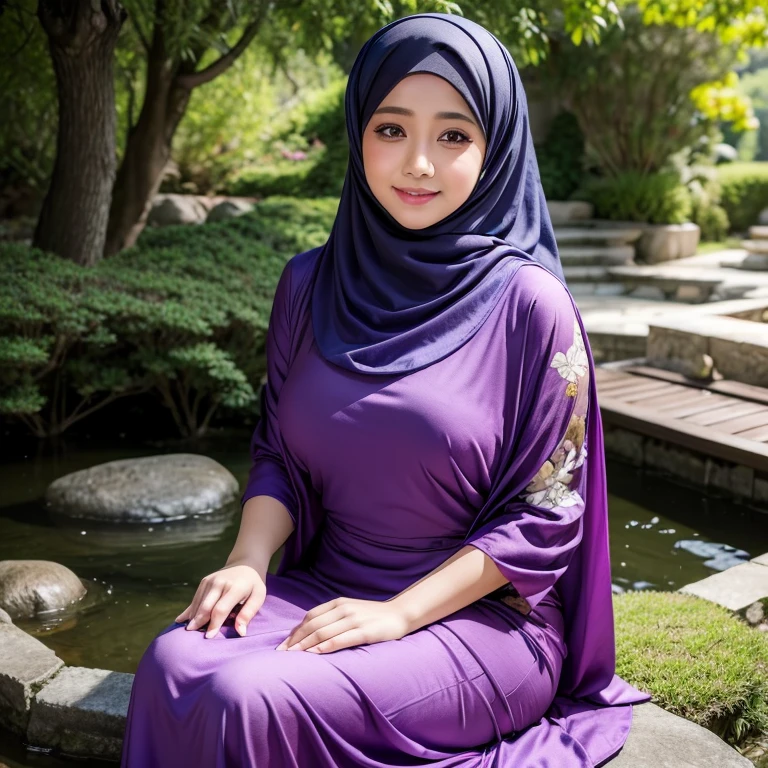8K, absurdres, detailed face, half body, a beautiful muslimah woman named filzah with medium breasts is wearing chador and malay baju kurung, her attractive girlfriend named uqasha with big breasts wearing shawl and dress, filzah is kissing uqasha's breasts and tits, uqasha's head tilted up, 2 woman, in a japanese garden, photorealistic, masterpiece, highly-detailed, naughty smile