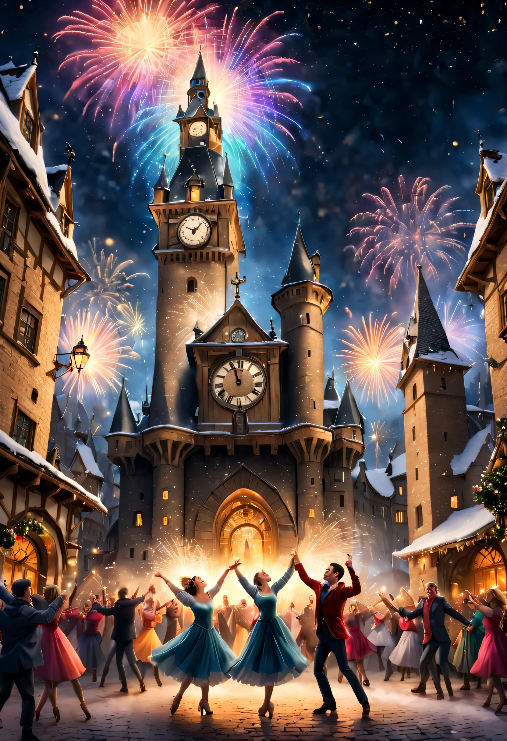 Winter Snowy New Year Celebration in Bizarre Epic Fantasy Square and Castle, fireworks exploding in the starry sky, Cobbled streets, revelers in festive attire, Ancient clock tower strikes midnight, (warm glowing lights:1.2) (bright colours) (high detail) (Photorealistic) (Wide angle) ((((people dance and rejoice))))