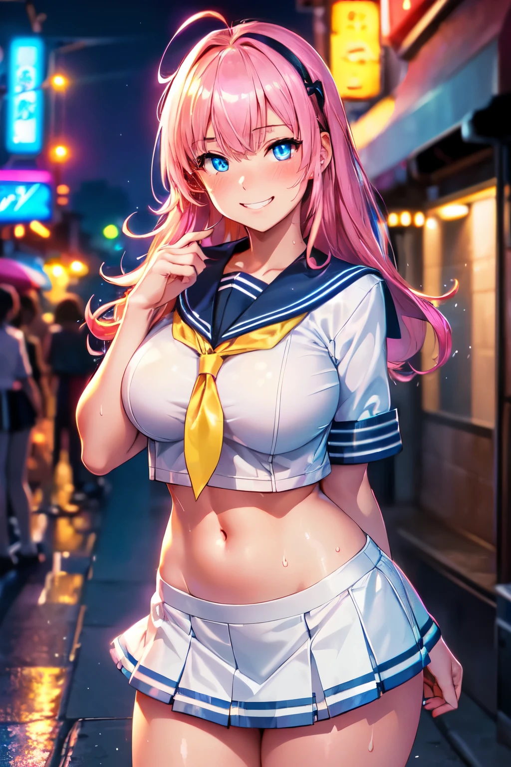 (High quality, High resolution, Fine details), Realistic, (Backstreets at night), (Shining neon lights), (Short sailor school uniform), Tilt Head, solo, curvy women, Multi-color hair, sparkling eyes, (Detailed eyes:1.2), (grin), blush, Sweat, Oily skin, shallow depth of field, Focus on abdomen
