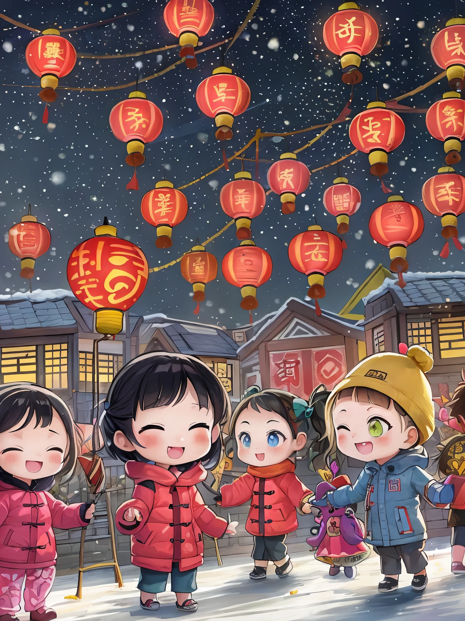 Kids Book, (Tim Burton style),(Illustration captures the essence of Chinese New Year),(Modern town:1.2), (Lanterns and festoons),It's snowing,In the joyful atmosphere of the Spring Festival,(5 children in down jackets set off firecrackers and fireworks),(There are many fireworks in the sky),The picture is beautiful,(Detailed and vivid children's hand-drawn illustrations),Show character expressions