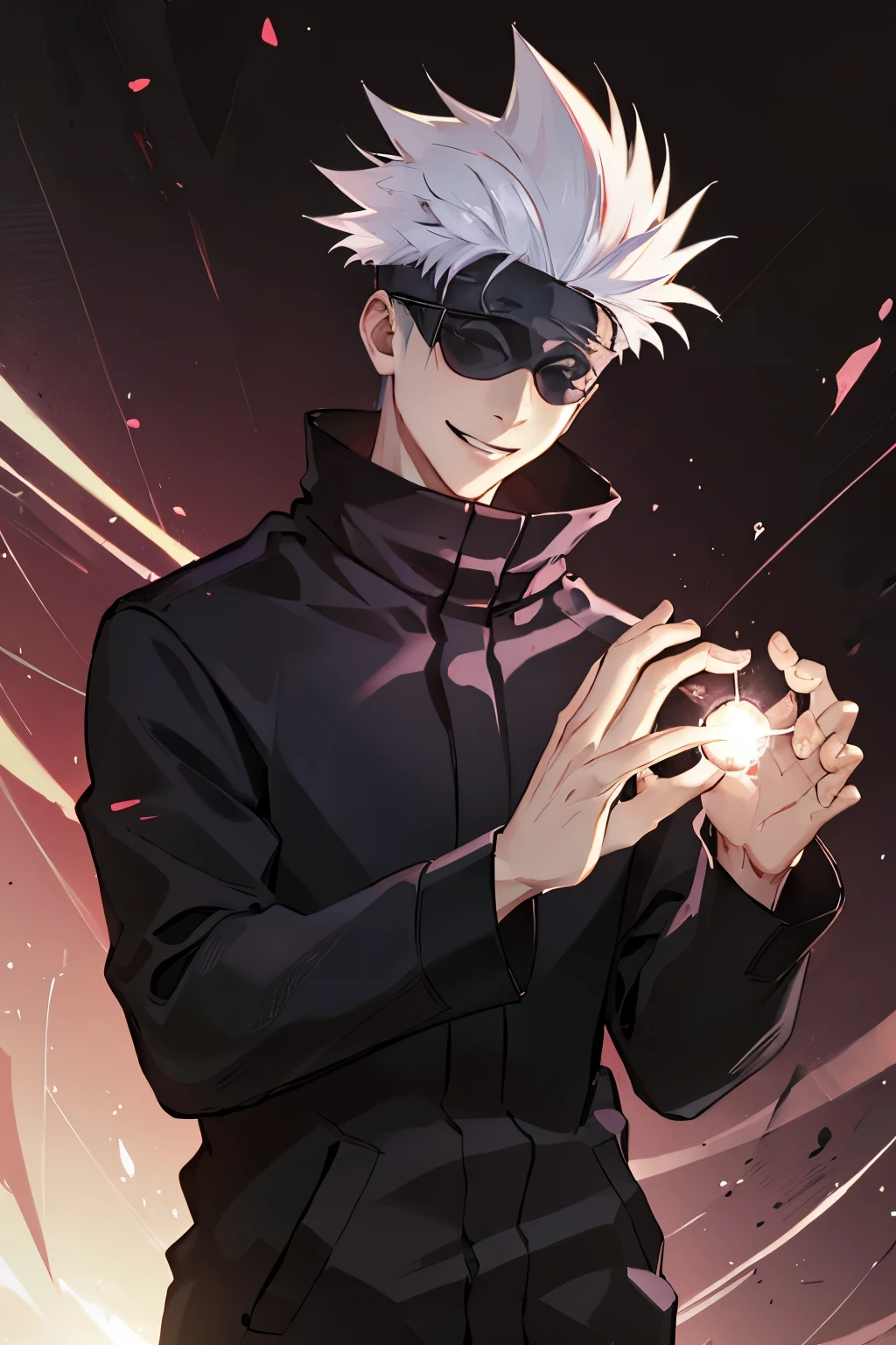 (masterpiece:1.3),(best quality:1.2),8k,absurdres,unity 8k wallpapper,(extremely detailed:1.3),highestres,highres,Amazing,illustration,beautiful studio soft light,stunningly beautiful,incredibly absurdres,vibrant details,cinematic lighting,moody lighting,pixiv,award-winning, professional, highly detailed,
gojo1, solo, looking at viewer, smile, short hair, long sleeves, 1boy, closed mouth, standing, jacket, upper body, white hair, male focus, hand up, grin, black jacket, sunglasses, spiked hair, facing viewer, (red background:1.1), high collar, blindfold, (magic:1.3), (aura:1.3), covered eyes,