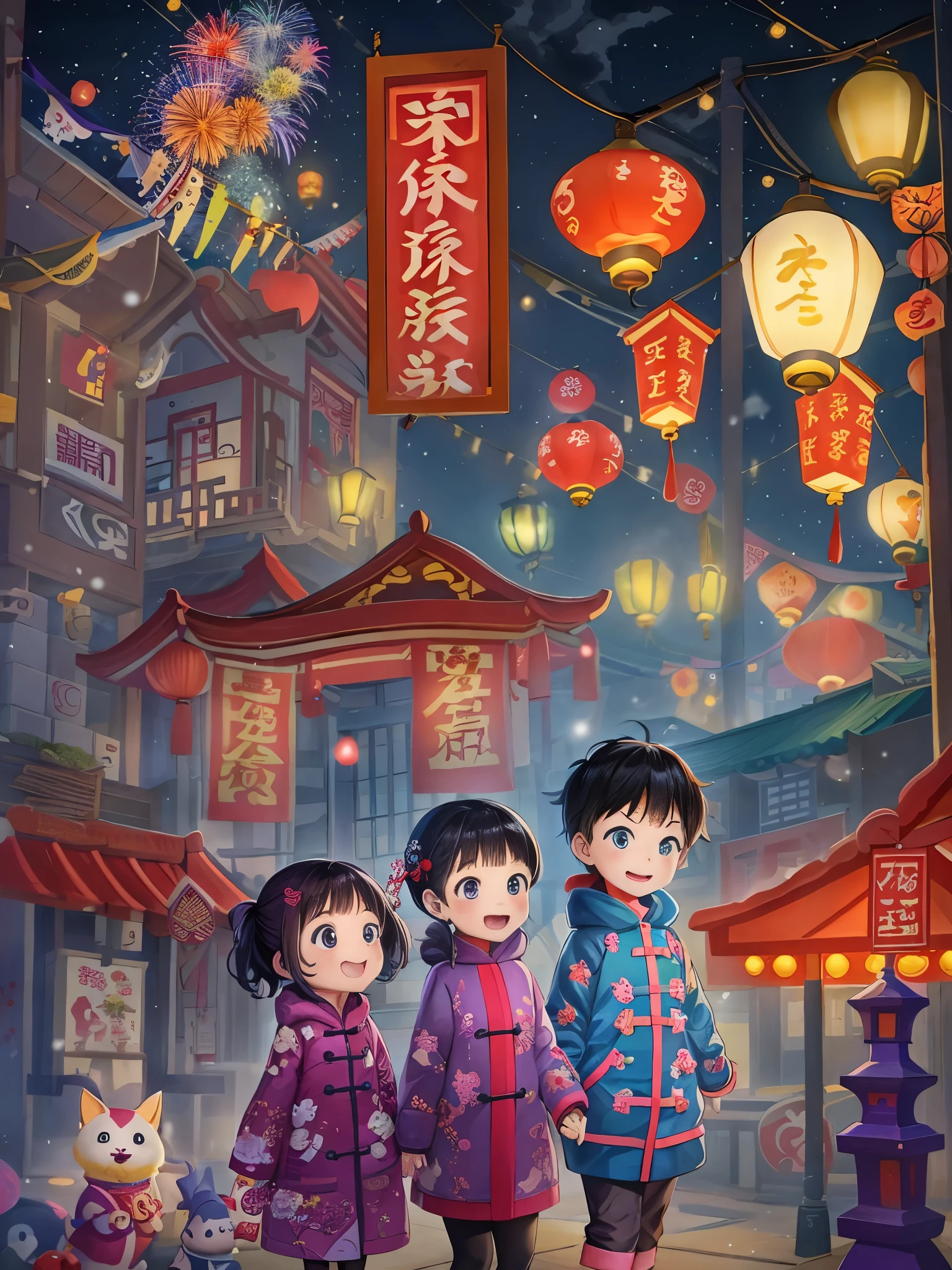 Kids Book, (Tim Burton style),(Illustration captures the essence of Chinese New Year),(Modern town:1.2), (Lanterns and festoons),It's snowing,In the joyful atmosphere of the Spring Festival,(5 children in down jackets set off firecrackers and fireworks),(There are many fireworks in the sky),The picture is beautiful,(Detailed and vivid children's hand-drawn illustrations),Show character expressions