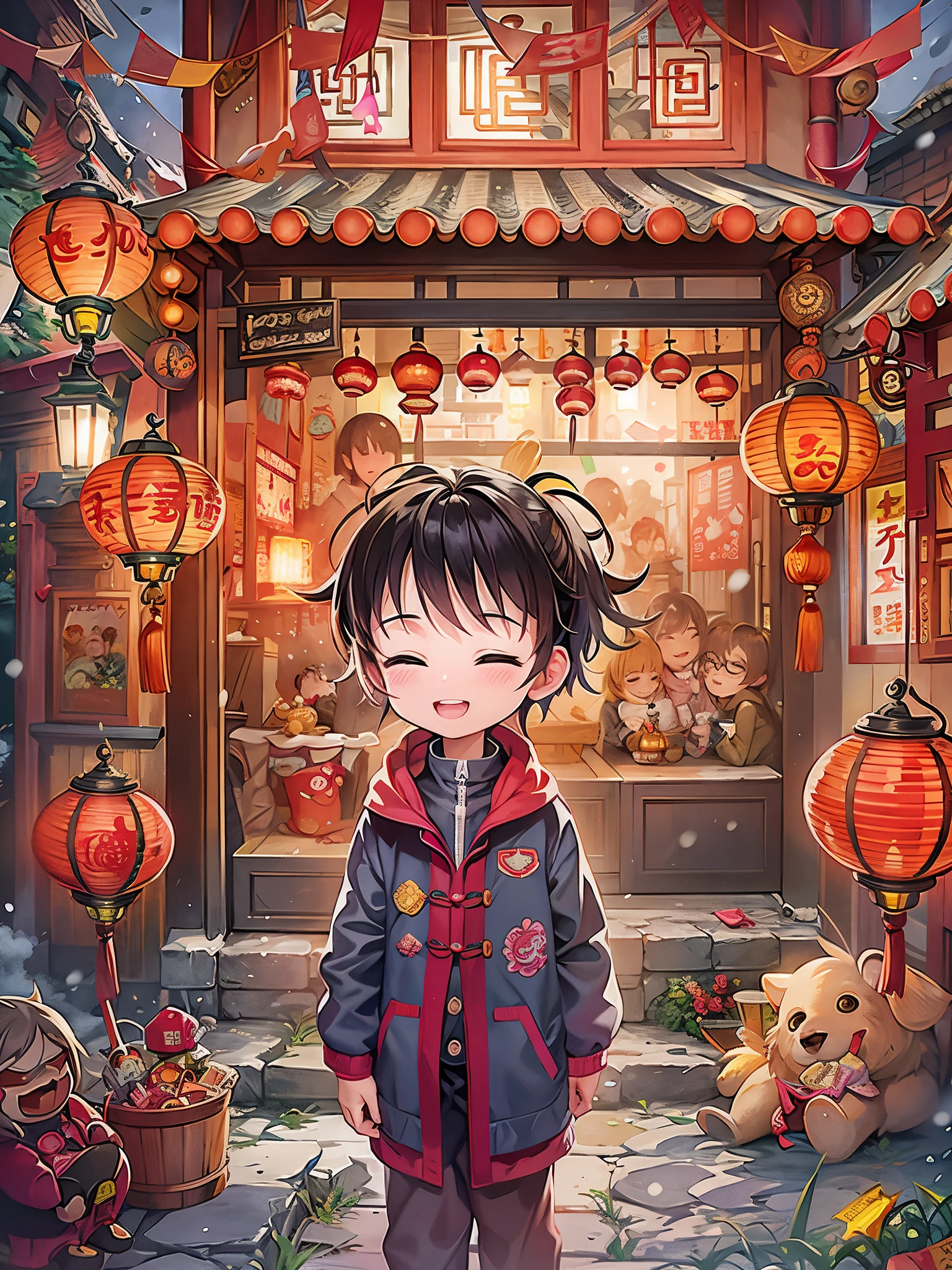 Kids Book, (Tim Burton style)，(Illustration captures the essence of Chinese New Year)，(Modern town:1.2), (Lanterns and festoons)，It's snowing，In the joyful atmosphere of the Spring Festival，(5 children in down jackets set off firecrackers and fireworks)，(There are many fireworks in the sky)，The picture is beautiful，(Detailed and vivid children&#39;s hand-drawn illustrations)，Show character expressions