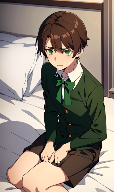 Boy, feminime boy,male high school uniform,green emerald eyes,brown hair,On the bed,sobbing,not wear any pants,His legs are spread apart