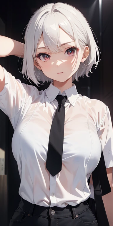 ​masterpiece 작품, Best Quality, The ultra-Highres, High Quality, (highly detaild:1.2), (Extremely detailed:1.3), white haired, short-hair, Ruby Eye, (white collar shirt:1.2), unbutton chutz, tight shirt, see-through shirt, Medium Tits, (black skinny jeans:1.2), Dynamic Pose, ​masterpiece, Special Awesome Anime Girl