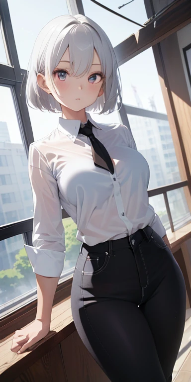 score_9, score_8_superior, score_7_superior, score_6_superior,sketch of male character artist in formal clothes and glasses, wearing a white shirt and black tie, 1girl, dark skin, solo, gloves, dark-skinned female, white hair, pants, short hair, shirt, black gloves, bow, black pants, glasses, breasts, bowtie, smile, white shirt, looking at viewer, long sleeves, cowboy shot