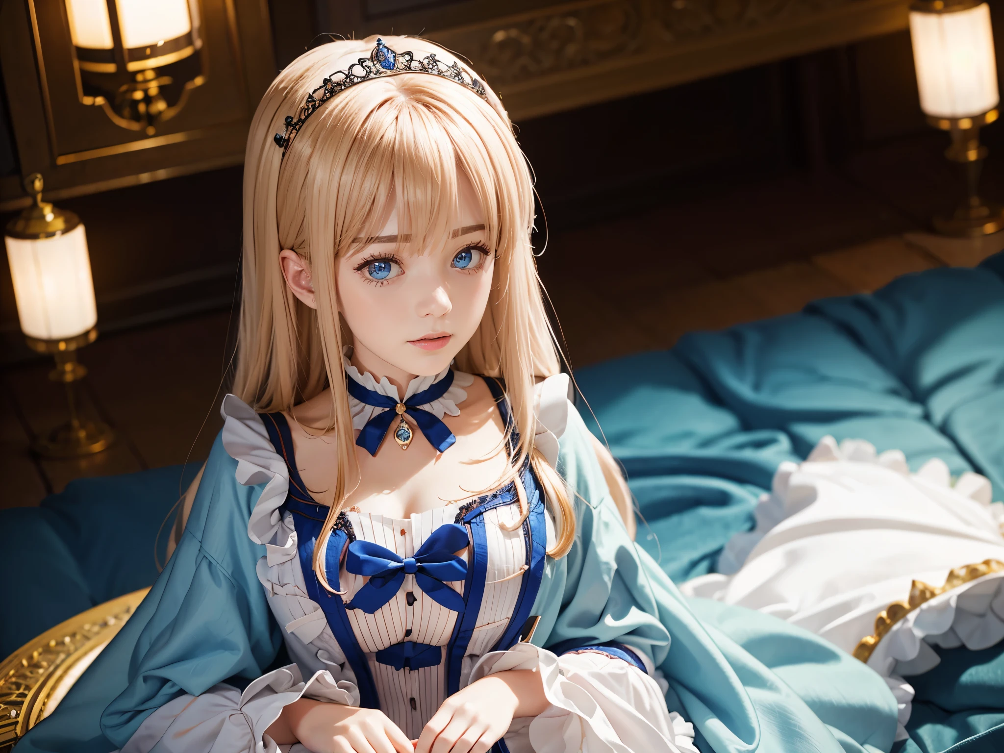 Raw Photography,8k Resolution, Masterpiece, Best Quality, High Quality, Highres, Beautiful Face, Beautiful Girl, Cute Face, Hair Bangs, ultra-detailliert, Long Blonde Hair, Princess Gown, Alone, Solo, Victorian House, full body shot, light particles, bokeh, wide view, Mia Luna Tearmoon