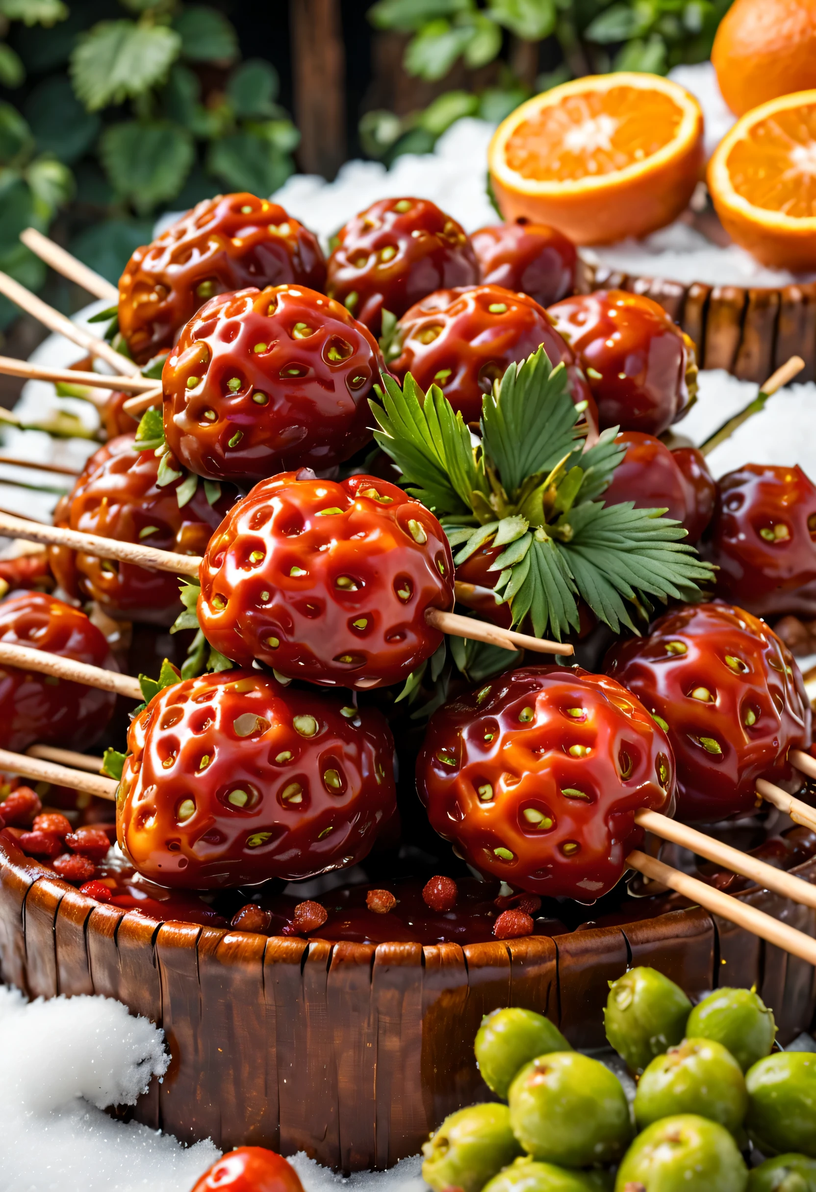 (Close-up of many candied haws skewers sold at the temple fair placed in wooden turtles），Round red dates and fresh green strawberries，orange syrup，There is syrup and sesame seeds background and: Northeast rural festival fireworks bloom on snow covered nights, The content is very detailed, Best quality at best, A high resolution, tmasterpiece, Live photos, 8K, Perspectives, rural,