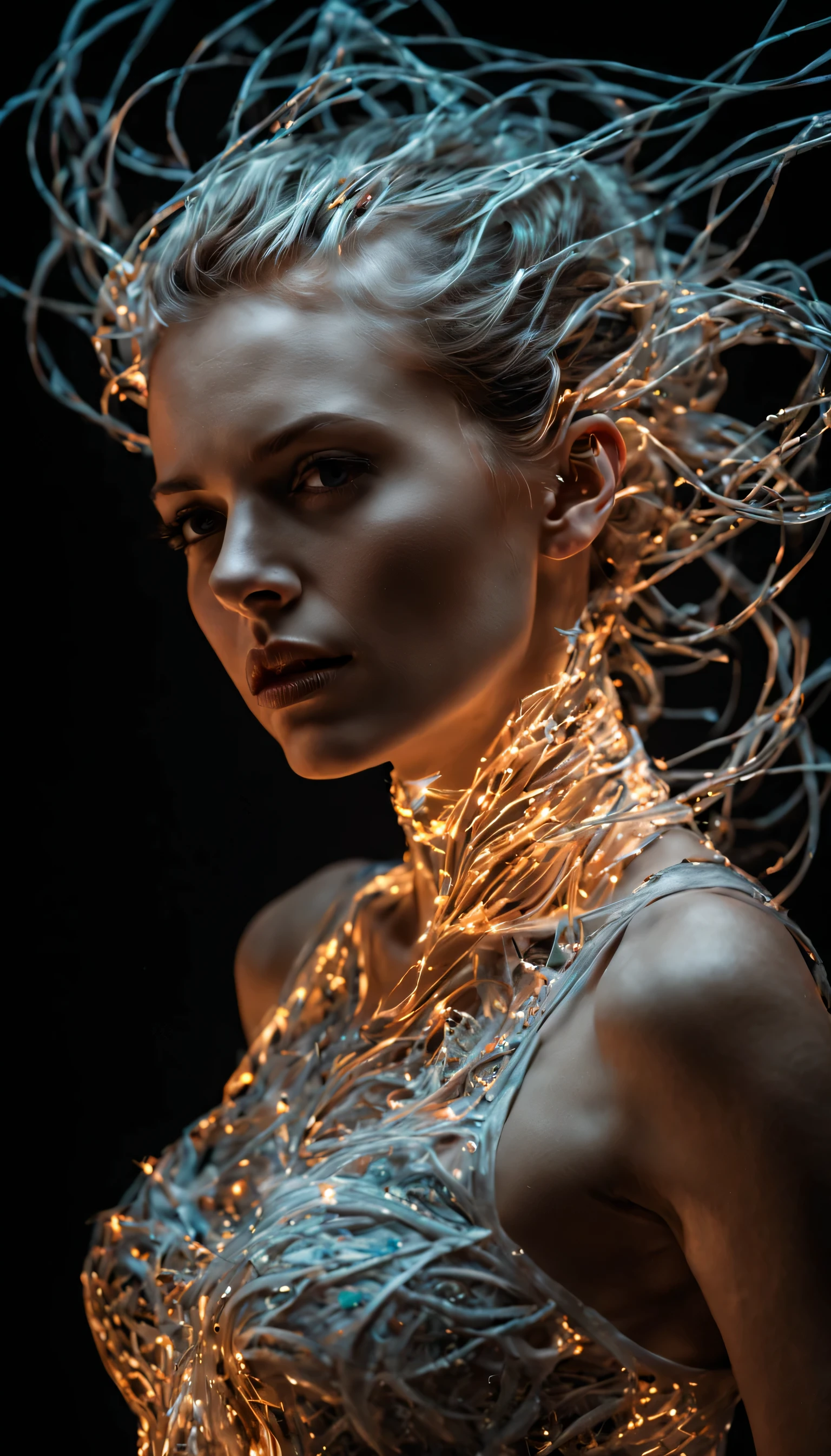 (((Sorcerer))), (((fire punk))), (((candid photography))), (((a white girl in motion))), (((rgb)))), (((close-up))), (((diffuse colors))), (((ultra detailed illustration of a diffuse hallucinatory female creature))), (((complex 3d projections of ghostly translucent fabric and glowing hollow cybernetic threads))), concept art, ((light particles)), (stunning visual masterpiece), ((double exposure)), (glowing texture), ((warm light)), ((warm filter)), (black tones), (no limits), (((unpredictable))), (surreal), (professional composition), (award winning composition), creative freedom, (artistic expression), (extreme composition), (spontaneous composition), (surreal theme), (diffuse creatures), (diffuse figures), disturbing visual expression, evocative, (unusual chromatic contrast)
