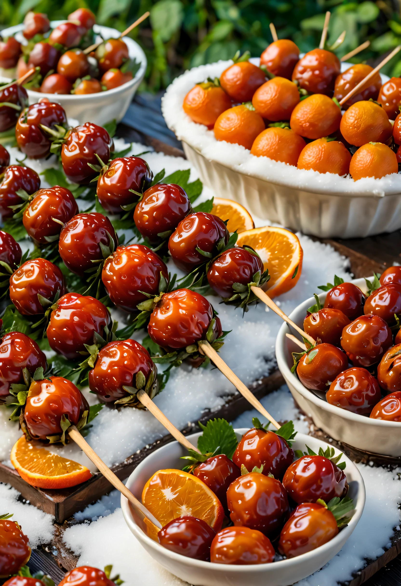 (Close-up of many candied haws skewers sold at the temple fair placed in wooden turtles），Round red dates and fresh green strawberries，orange syrup，There is syrup and sesame seeds background and: Northeast rural festival fireworks bloom on snow covered nights, The content is very detailed, Best quality at best, A high resolution, tmasterpiece, Live photos, 8K, Perspectives, rural,