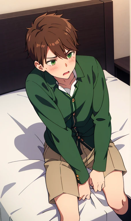 Boy, feminime boy,male high school uniform,green emerald eyes,brown hair,On the bed,blushing,wear short pants,His legs are spread apart