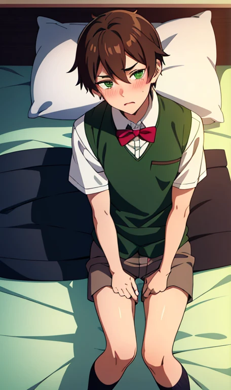 Boy, feminime boy,male high school uniform,green emerald eyes,brown hair,On the bed,blushing,wear short pants,His legs are spread apart