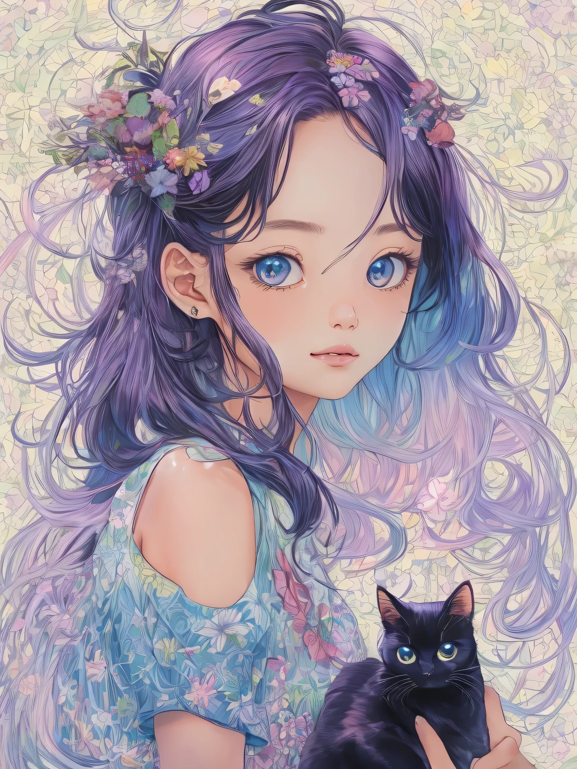 (masutepiece, Best Quality), girl playing with a beautiful black cat、profile、Clean hair ornament, enticing, big gorgeous eyes,　(Detailed eyes, Eyes Like Gems, Sparkling eyes:1.3) , Soft smile, perfect slim fit body, Blue sky, (plein air), Bright colors, (Risograph)