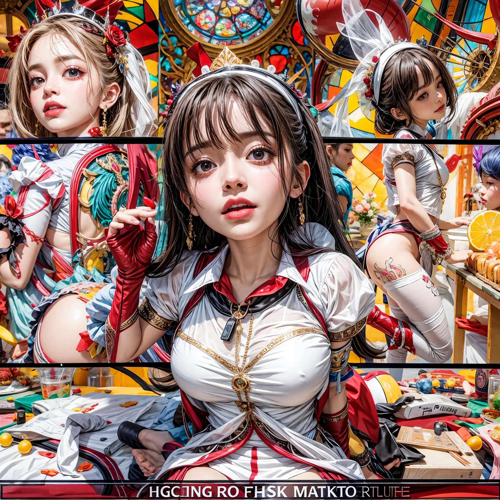 (NSFW:-1) . White and Red, (Dazzling colorful light pours down and reflects:1.2), (Physically-based Rendering with incredible detailed Textures), Award-winning Masterpiece of professional Analogue photograpy, { (((Photorealistic:1.37)))) | (F4.0, Canon) }, ((Acutance:0.85)) . (A group photo of many KAWAII girls in (school uniform)) with opened Overflowing Gigantic Cleavage without bra . (((Extremely detailed KAWAII face variations)) with joyful expressions), { Systemic | Glossy cute Lips Closeup | Navel | (pretty Ass) | (Overflowing underboob) | Oiled ivory skin Details | White panties with (blood seeping only in crotch area) | (full of Flowers covering girl's body) | ((Dazzling colorful stained glass with stunning elaborate details:1.2)) | Mystic sight | A Floating Halo appears | God rays | Haze | Lens flare | Zoom Layer | Kissing face to face } . Ultra-detailed, (Exposed:0.8), (((no extra limbs, nipple:-0.9))), ((not Detailed hand:-0.9)) .