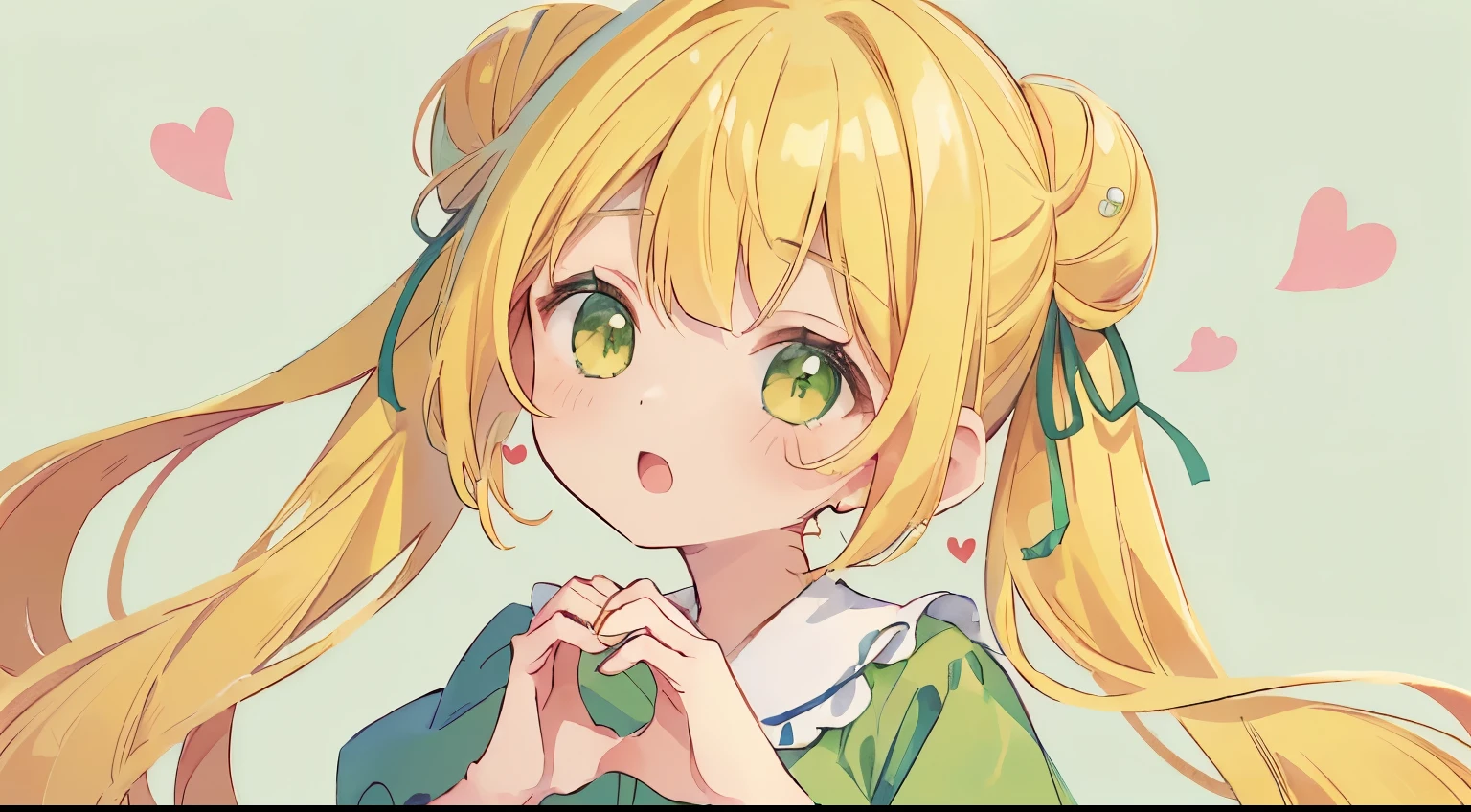 absurderes, hight resolution, (Anime style:1.1), ((masutepiece)), ((Best Quality)), (Ultra-detailed), (Beautiful),Beautiful face、(liftup),Cute little girl s、(((Twin-tailed、Bun hair、Yellow hair、Long、ロングTwin-tailed)))(((Green dress、frilld、Green ribbon)))(()Delicate eyes、Yellow eyes、Mine clothing、)(((((The upper part of the body、hands are heart、((hands are heartの形)))))))Stuffy face、round mouth(((Green background、Background Simple)))(((((Long)))))((((Green dress))))