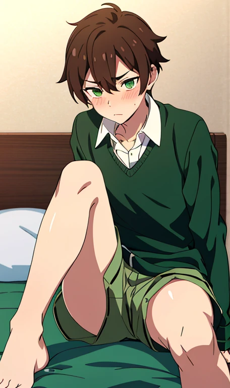 Boy, feminime boy,male high school uniform,green emerald eyes,brown hair,On the bed,blushing,wear short pants,legs are spread apart,naked lower body