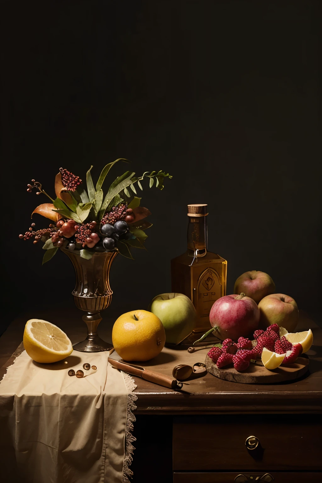 Compose an elaborate still life arrangement inspired by Renaissance themes. Include objects like musical instruments, scientific tools, and exotic fruits to convey the intellectual, artistic, and exploratory spirit of the time