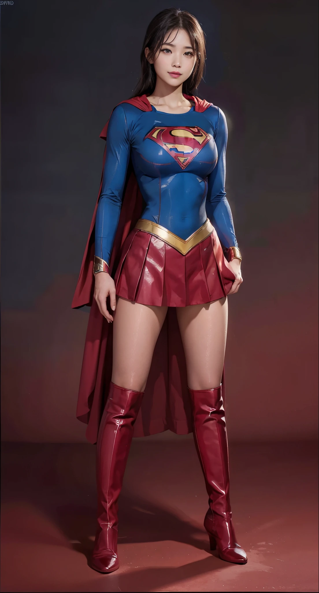 No background、I'm、The costume fits the body、(((Wear black tights on your beautiful legs.)))、(((Grow legs、tall、Legally express the beauty of your smile)))、((((Make the most of the original image)))、(((Supergirl Costume)))、(((beautiful hairl)))、(((Suffering)))、(((Feet must necessarily be worn with black tights)))、(((You need to wear red boots)))、((Top image quality、8K))、((top-quality、8K、​masterpiece:1.3))、(((Keep Background )))、Crisp focus:1.2、Beautiful woman with perfect body shape:1.4、Slender Abs:1.2、a wet body:1.5、Highly detailed facial and skin texture、8K