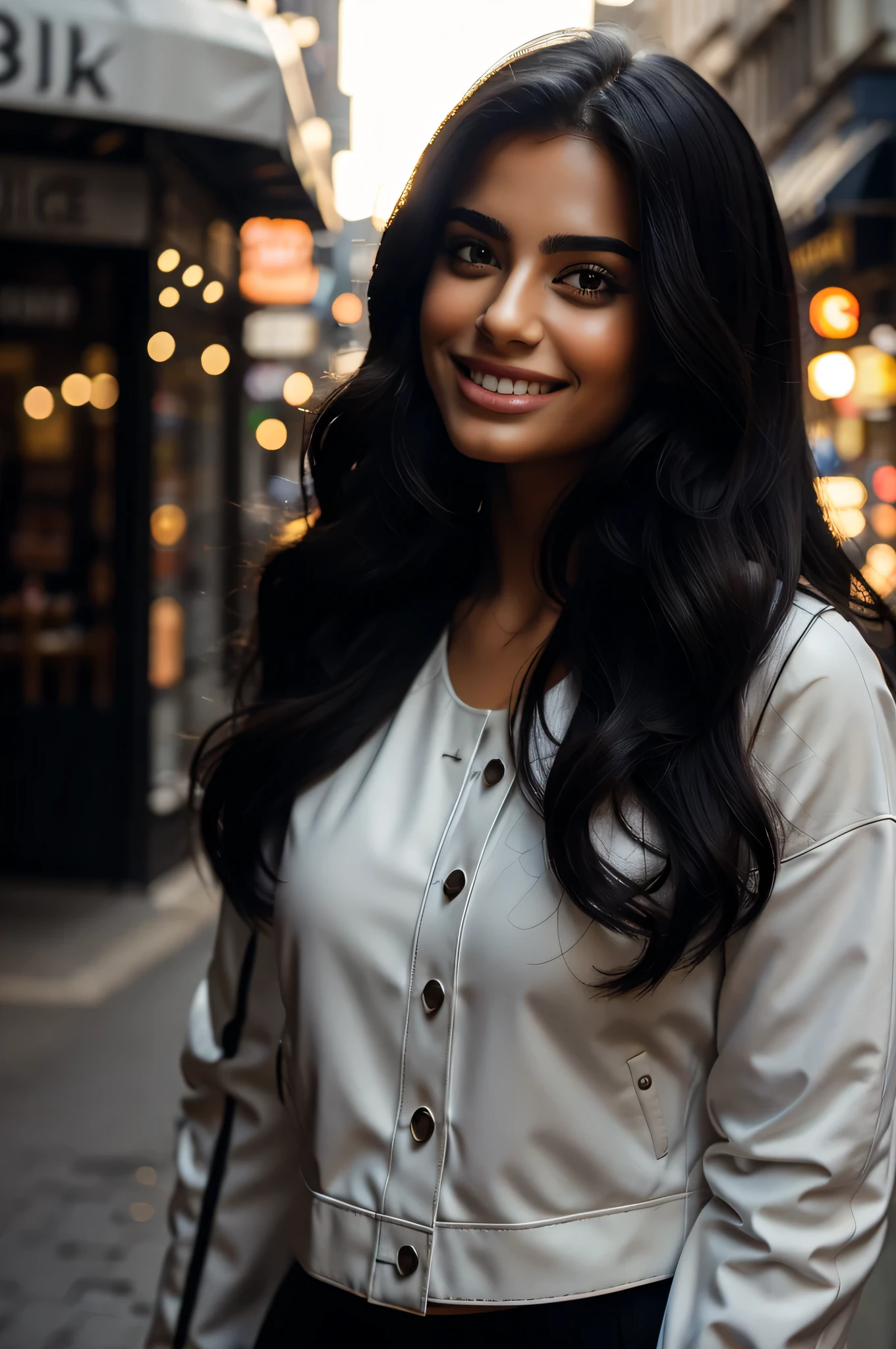 same likeness as Arwaaikjaleej, 22 year old Aaudi Arabian model wearing a white leather jacket and black white leather skirt, standing in the street of Paris while holding a cup of coffee, bright visuals, high-res, masterpiece, best quality, intricate details, highly detailed, sharp focus, detailed skin, realistic skin texture, texture, detailed eyes, professional, 4k, charmer smile, shot on Canon, 85mm,shallow depth of field, Kodak vision color, perfect fit body, extremely detailed, photo_\(ultra\), photorealistic, realistic, post-processing, max detail, roughness, real life, ultra realistic, photorealism, photography, 8k uhd, photography (film grain) medium shot to close up shot happy smiling atmospheric dark lighting