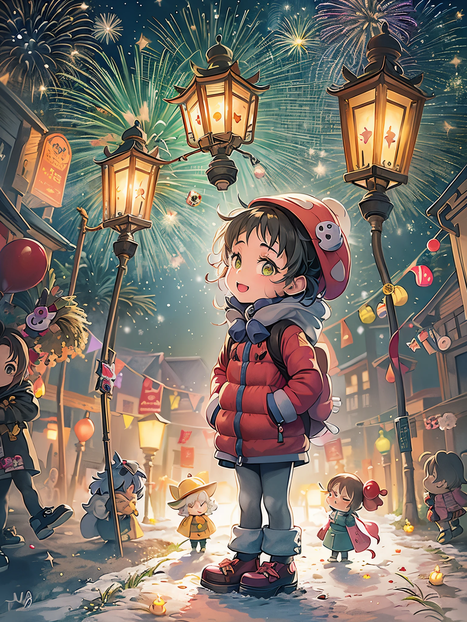 Kids Book, (Tim Burton style:1.5)，(Illustration captures the essence of New Year’s Day)，(Modern town:1.2)，New Year&#39;s Eve outfit，(Lanterns and festoons)，It's snowing，In the joyful atmosphere of the Spring Festival，(5 children in down jackets set off firecrackers and fireworks:1.5)，(There are many fireworks in the sky:1.5)，The picture is beautiful，(Detailed and vivid children&#39;s hand-drawn illustrations)，Show character expressions