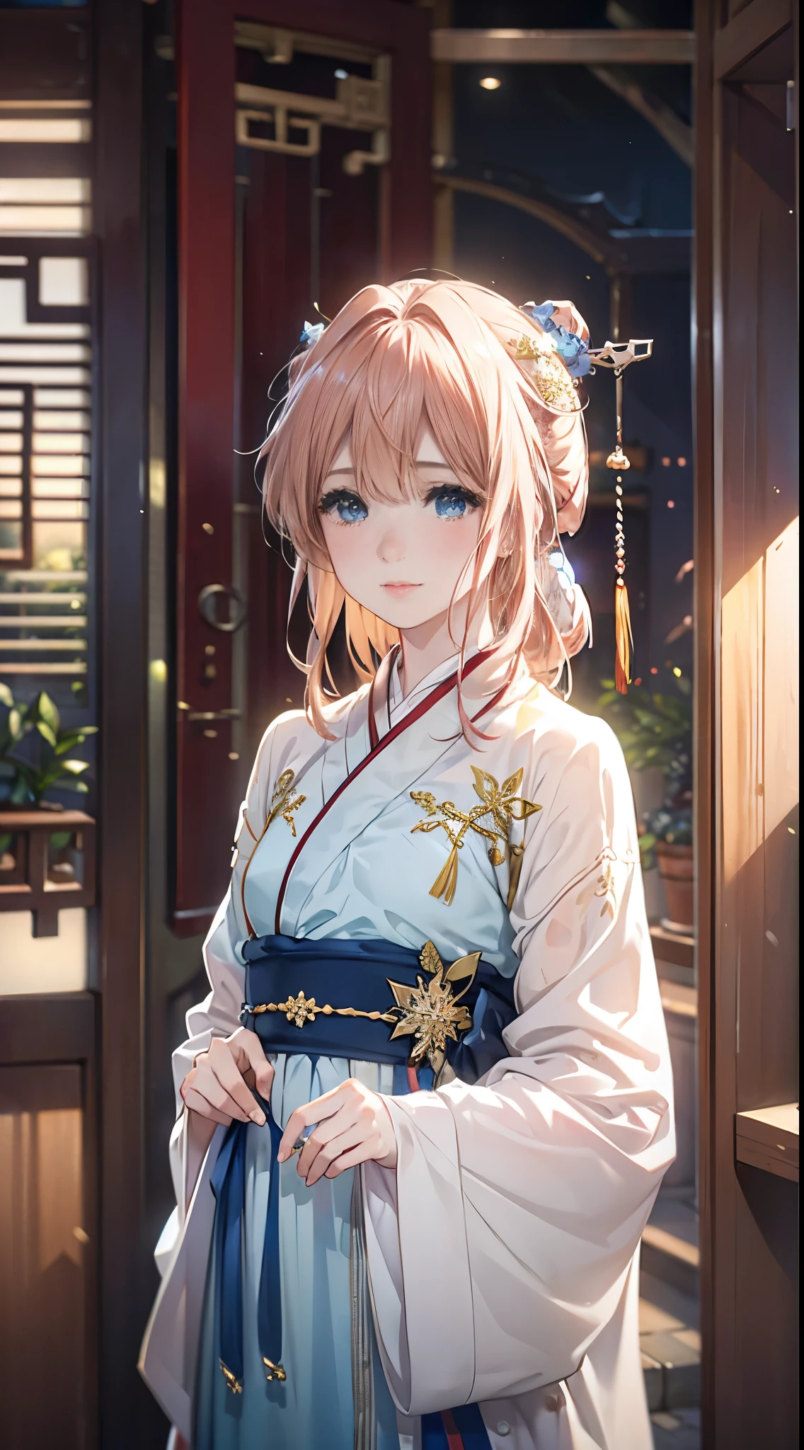 (best quality,4k,8k,highres,masterpiece:1.2),ultra-detailed,(realistic,photorealistic,photo-realistic:1.37),purple,"(wearing a light blue traditional Chinese hanfu)","(hanfu with snowflake decorations)","(with a golden hairpin placed at the back of the head)","(set in a traditional Chinese palace)","(with golden hair)","(with blue eyes)","(with a gentle smile)"