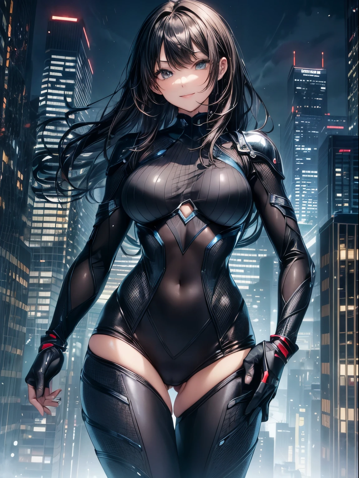 top-quality、Full limbs、complete fingers、one beautiful women、Beautiful busty woman、Women with straight hair、((Woman with dark hair))、A big smile、Complex mechanical bodysuit、Navy blue and black bodysuit、full armor、night skyscraper