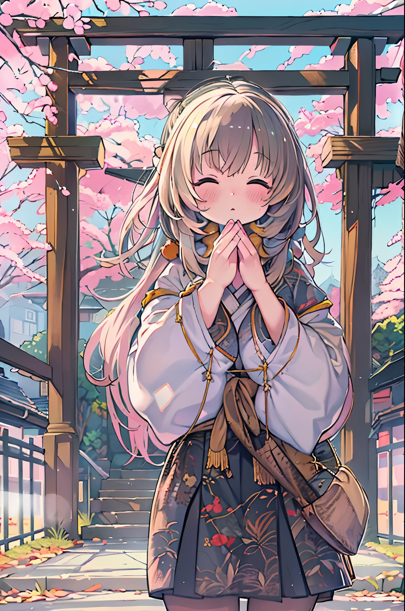 huge-breasted、kawaii、(Sunny Clothes)、torii gate,((Oblique angle))、{{close up to face}}、eye closed、bbw、thick thight、big butts、Ultramammy, Winter days, Anime Background Art, japanese art style, beautiful anime scene,detailed scenery - width 672, Background art, Anime landscapes, Anime Background, Beautiful anime scenery, Beautiful peace scenes in anime, landscape artwork, Japan Village, Anime landscapesコンセプトアート, 8K))、New Year’s Day、1 moon、Pray、Praying to God with palms together