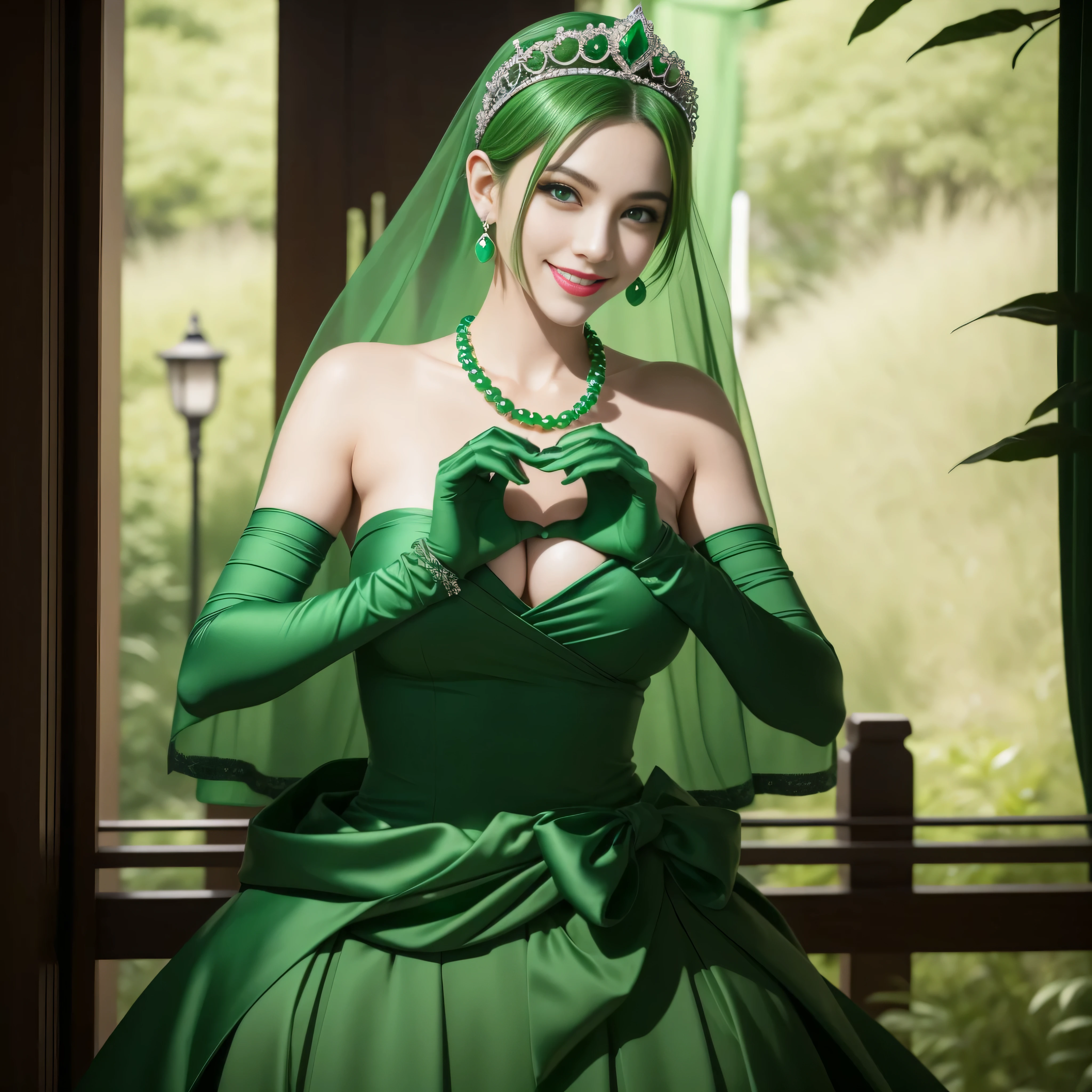 emerald tiara, Green Pearl Necklace, Boyish very short green hair, lipsticks, Japan woman smiling, very short short hair, big breasts beautiful, Green eyes, Long green gloves made of satin material, Green eyes, Emerald Earrings, green vale, Heart with both hands