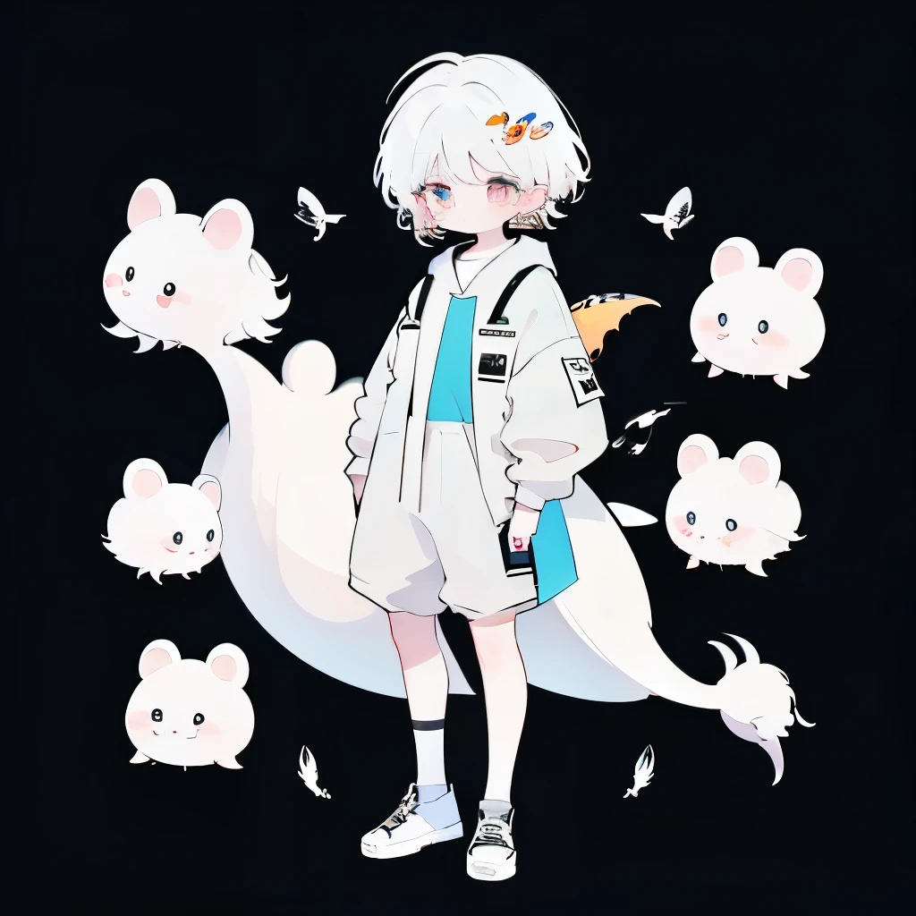 🦕🍊🐭,white  hair,Male child,Full body,Chibi,