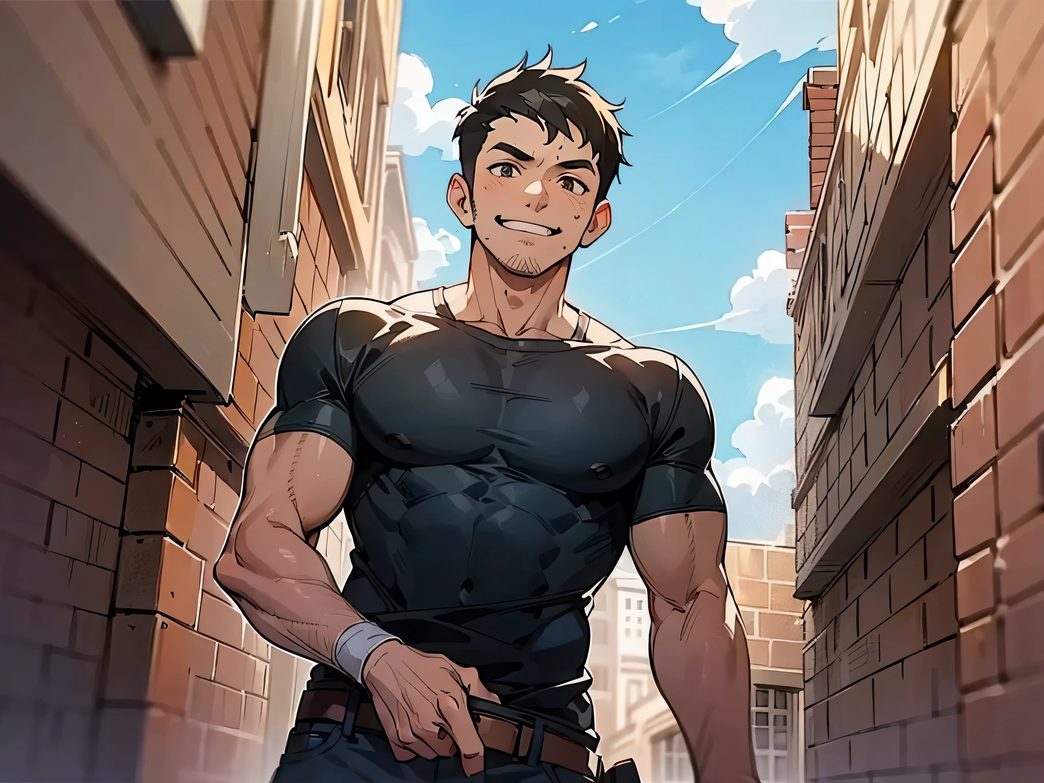 age 40s,Angle from below,Cabedon,upscaled,grinning evily,1 man, Short black hair,Uncle,macho, Black shirt, standing in the sun, , I have a brick in my hand, Sweat,constructionyardai,
