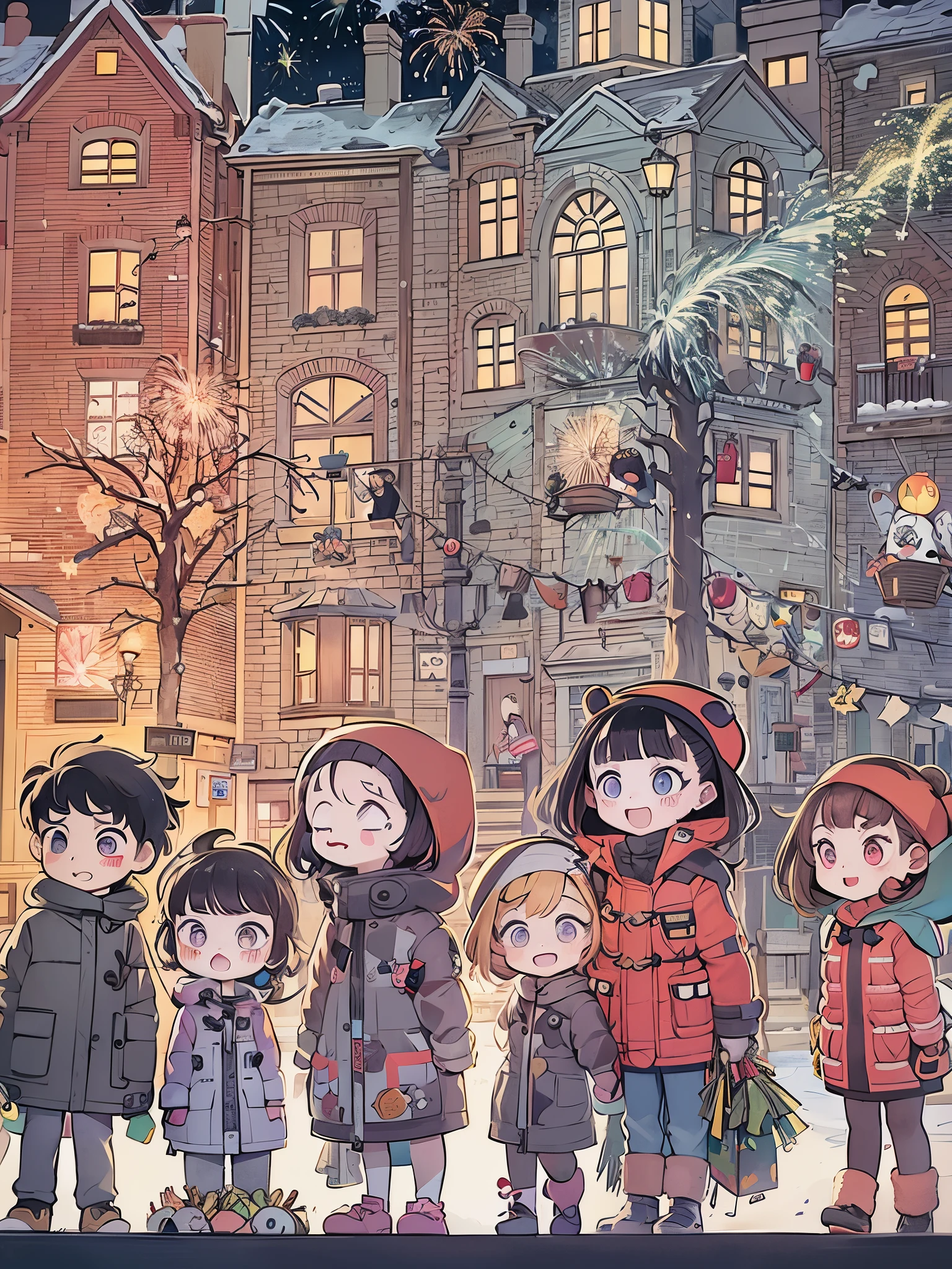 Kids Book, (Tim Burton style:1.5),(Illustration captures the essence of New Year’s Day),(Modern town:1.2),New Year's Eve outfit,(Lanterns and festoons),It's snowing,In the joyful atmosphere of the Spring Festival,(5 children in down jackets set off firecrackers and fireworks:1.5),(There are many fireworks in the sky:1.5),The picture is beautiful,(Detailed and vivid children's hand-drawn illustrations),Show character expressions