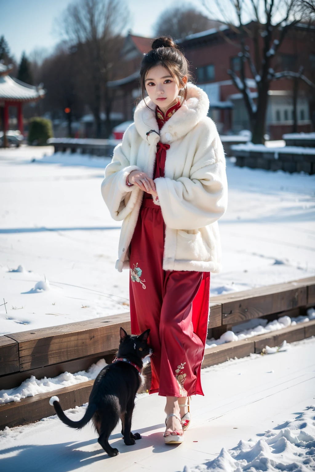 ((Best quality at best)), ((tmasterpiece)), (detailed), alien world,An animal,Cute cat wearing Chinese clothes,Stand and walk,The background is winter outdoors