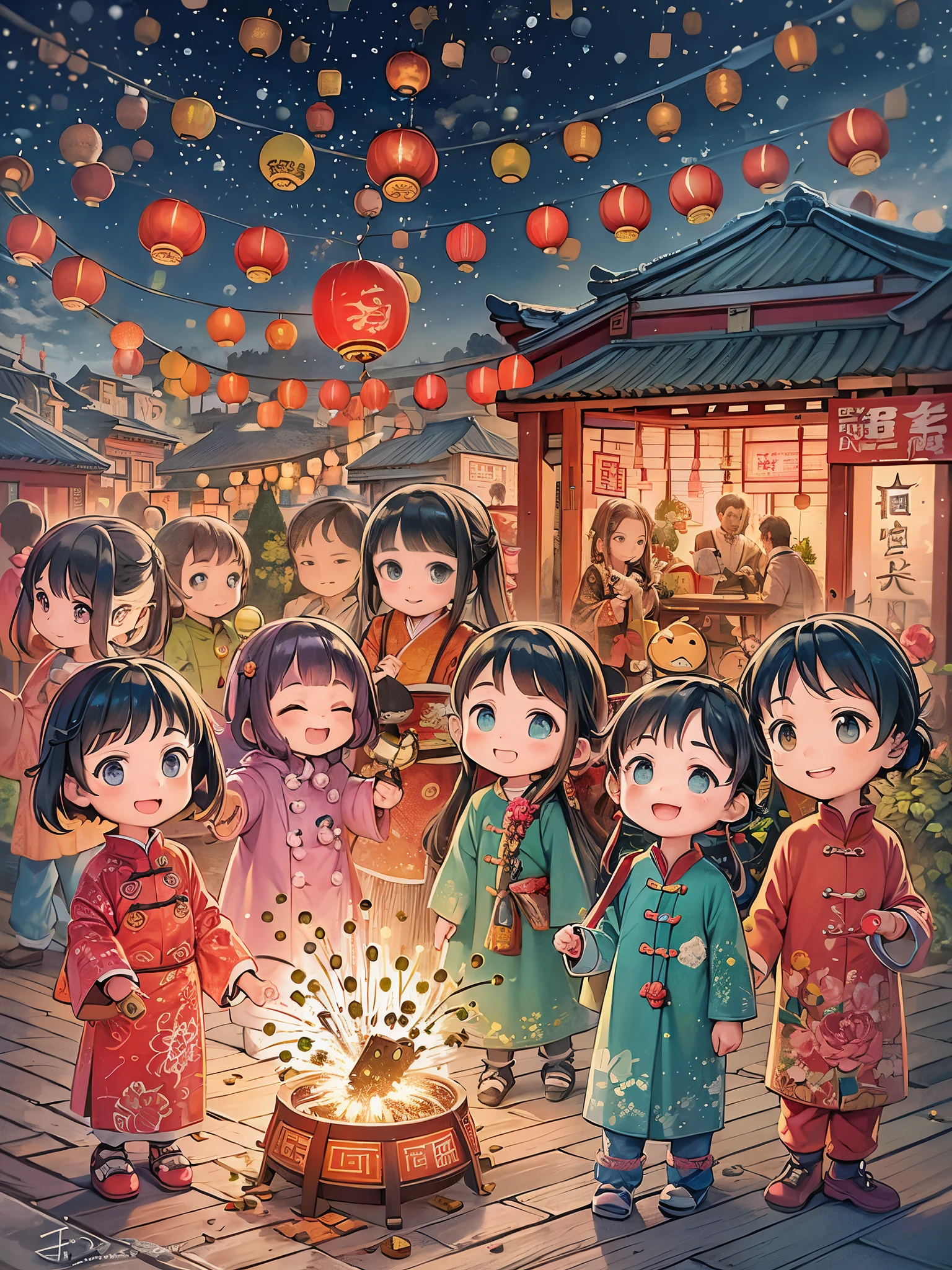 Kids Book, (Tim Burton style),(Illustration captures the essence of Chinese New Year),(Lanterns and festoons),It's snowing,In the joyful atmosphere of the Spring Festival,(5 children are setting off firecrackers and fireworks),(There are many fireworks in the sky),The picture is beautiful,(Detailed and vivid children's hand-drawn illustrations),Show character expressions