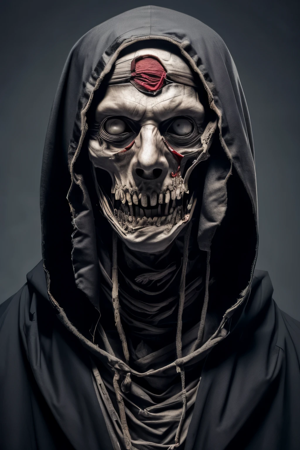 (masutepiece:1.2), absurderes, Photorealistic shots of Mamura,Solo, Rotting mummy,a Ga and ancient sorcerer, , withered, wrapped in rotten bandages,, Emaciated body. Grotesque, The skin is sickly gray, covered with a tattered rotten bandage,, The body is emaciated, His face is hidden by a hooded red robe, Shining sinister red eyes, Ga, (Highly detailed:1.3),The face is a little smaller、covered by a hood,More dark overall atmosphere,A scary atmosphere for everyone,It has fangs、mouth is open,Creepy grin,The background is more jet black,Depending on how you look down、Mouth is open and fangs are visible,show only the face,body not needed,An atmosphere that scares everyone at first sight,fangs exposed,mouth that looks like it's about to bite
