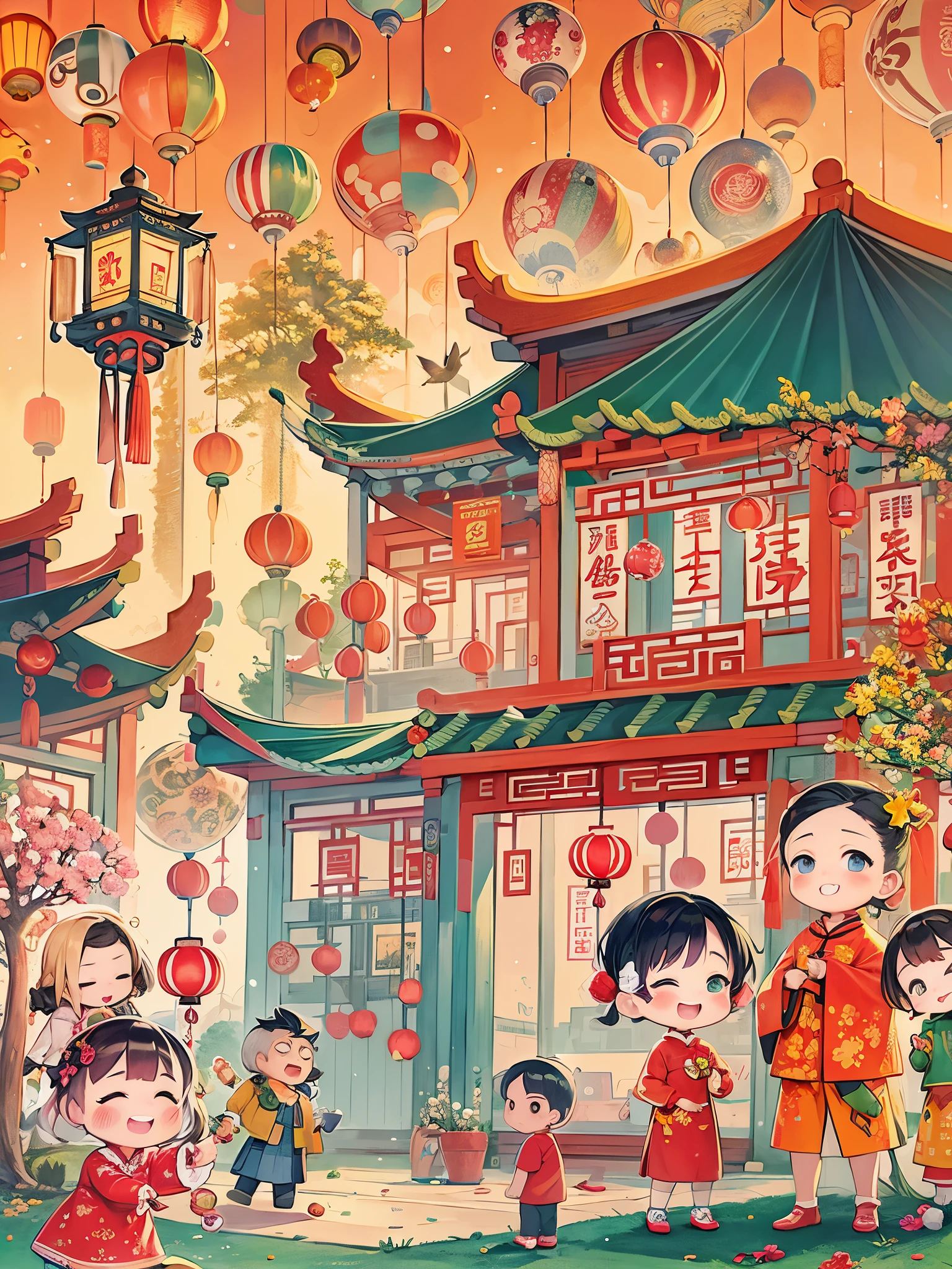 Kids Book, (Tim Burton style),(Illustration captures the essence of Chinese New Year),(Lanterns and festoons),It's snowing,In the joyful atmosphere of the Spring Festival,(5 children are setting off firecrackers and fireworks),(There are many fireworks in the sky),The picture is beautiful,(Detailed and vivid children's hand-drawn illustrations),Show character expressions
