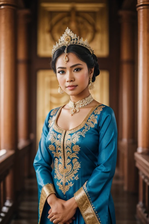 balinese godess, in the throne, magical, blue balinese traditional dress, brown skin, black eyes, temple background, high res, ultrasharp, 8K, masterpiece