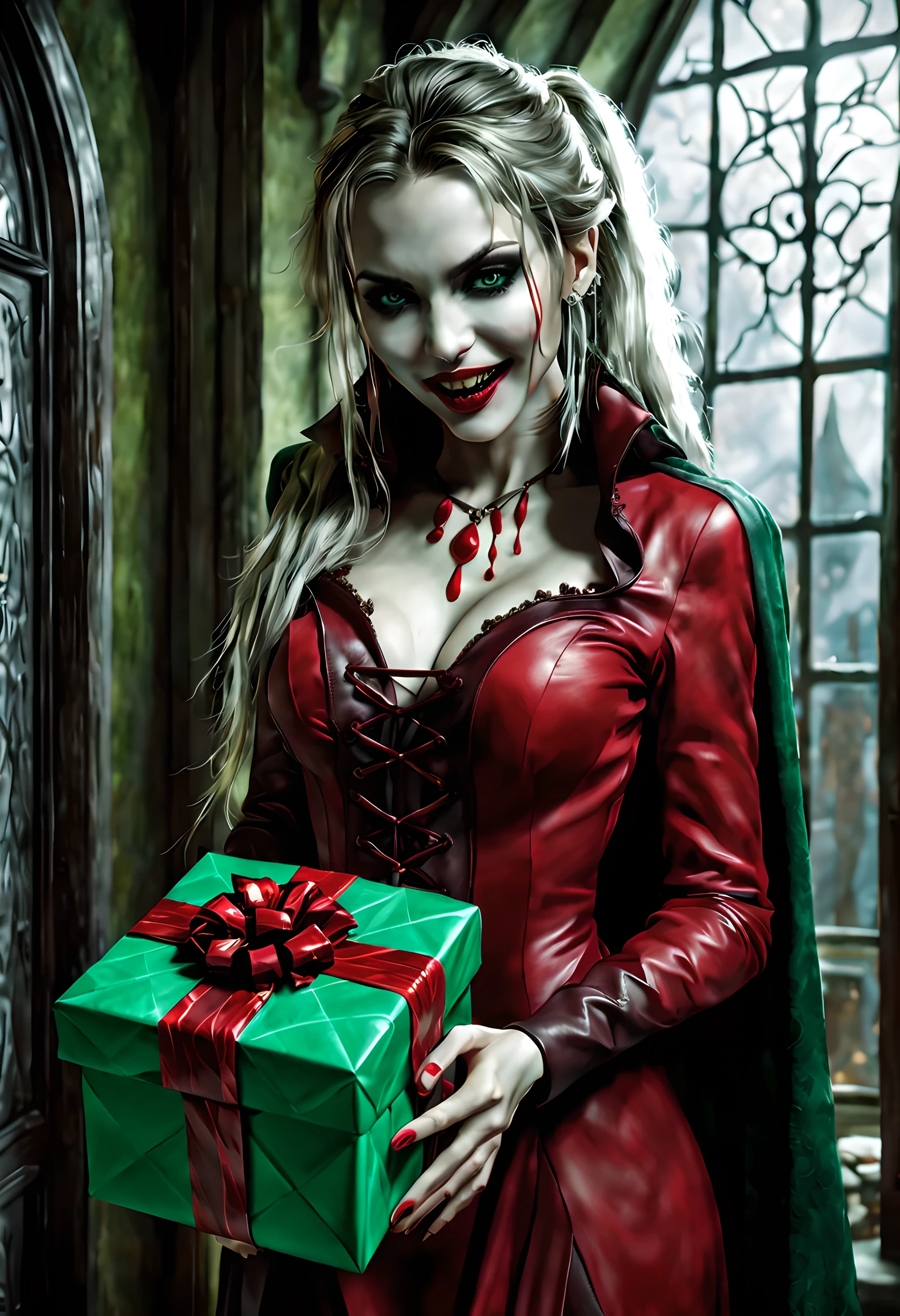 a picture of vampire standing in the front of her home holding a (blood: 1.3) dripping (gift box: 1.5), an exquisite beautiful female vampire in her front door of her home, full body (ultra detailed, Masterpiece, best quality), ultra detailed face (ultra detailed, Masterpiece, best quality), grey skin: 1.3 , blond hair, hair in a ponytail, long hair, blue eyes, cold eyes, glowing eyes, intense eyes, smile with [drops of blood on face] (ultra detailed, Masterpiece, best quality), dark red lips, [vampire fangs], wearing red dress (ultra detailed, Masterpiece, best quality), (green: 1.4) dark green cloak, (green: 1.3) green high heeled boots in front of her home, holding a white gift box  dripping red blood GlowingRunes_red (ultra detailed, Masterpiece, best quality, high details, best quality, 16k, [ultra detailed], masterpiece, best quality, (ultra detailed), full body, ultra wide shot, photorealism, luis royo style, dark fantasy art, moon light coming through the window, moon rays, gothic art, sense of dread, sense of seduction, bloodmagic