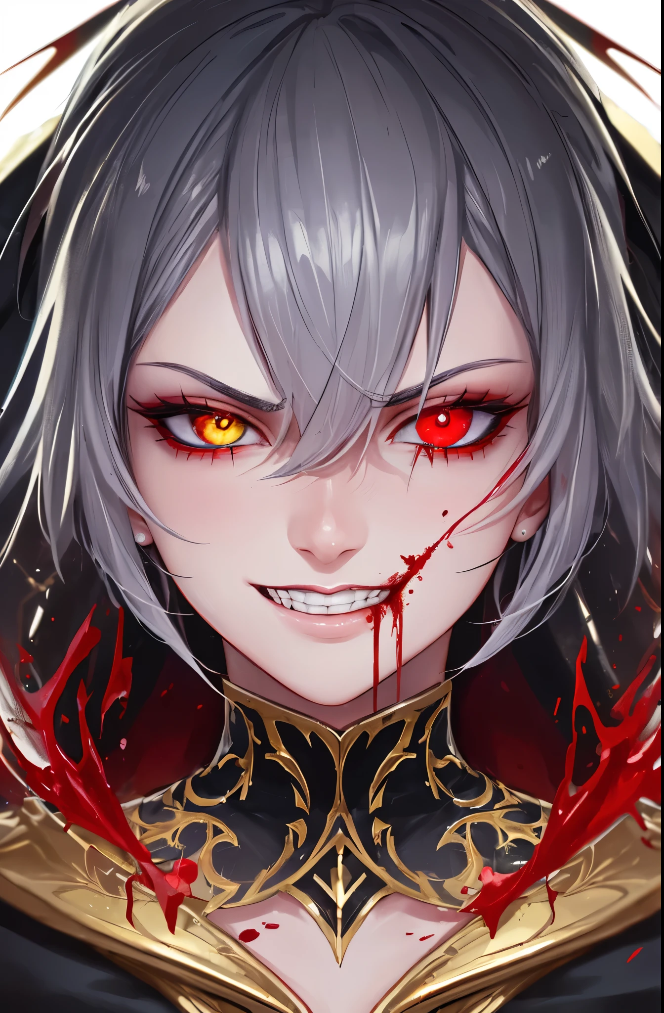 kk, best quality, more details, mastery, portrait, 1boy, male focus, (evil:1.2),(from below:1), male focus, solo, smile, kaneki ken, Heterochromia, Black sclera, colored sclera, White hair，red eyes，looking at viewert，to grin，sportrait，By bangs，short detailed hair，dark energy，Colorful，vivd colour，portal to another world，the sideview，face_focus，zoomed_face，zoomed_in，bokeh，blood vess，，darkly，moodiness，Spooky background，villian，Colorful，big breasts beautiful，hyper realisitc，intricately details，ellegance，hyper realisitc，Tone-mapping，hyperfocus，Clear focus，[Volumetriclighting]，Realistic and realistic，posh，8k，A detailed，Ray traching，depth of fields，cinmatic lighting，Small gold grains，