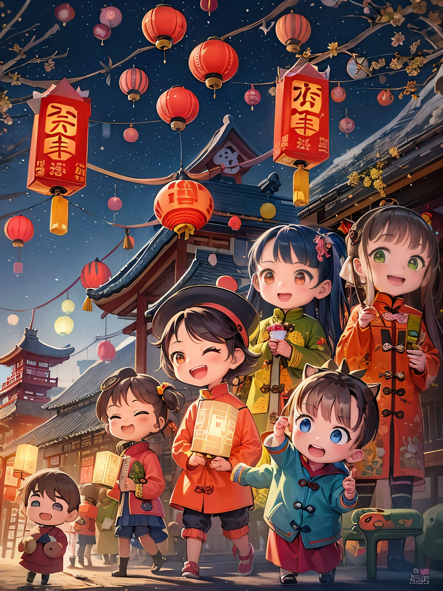 Kids Book, (Tim Burton style)，(Illustration captures the essence of Chinese New Year)，(Lanterns and festoons)，It's snowing，In the joyful atmosphere of the Spring Festival，(5 children are setting off firecrackers and fireworks)，(There are many fireworks in the sky)，The picture is beautiful，(Detailed and vivid children&#39;s hand-drawn illustrations)，Show character expressions