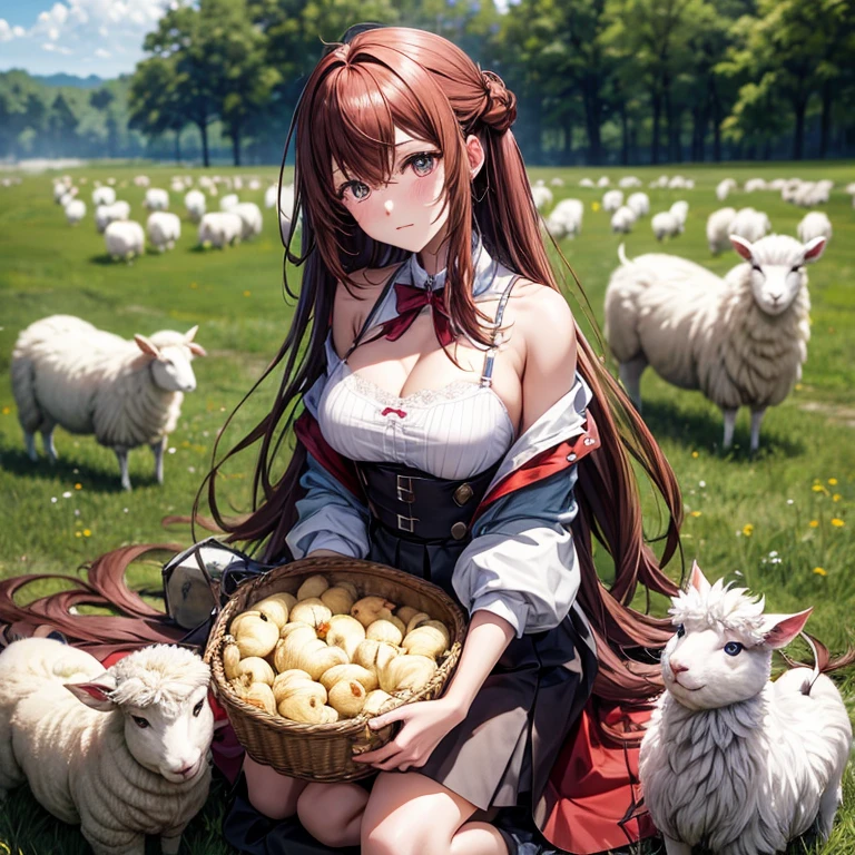 Kurisu Makise, les cheveux bruns. Dans une prairie. Bergère with ses moutons and a brebis in the bras