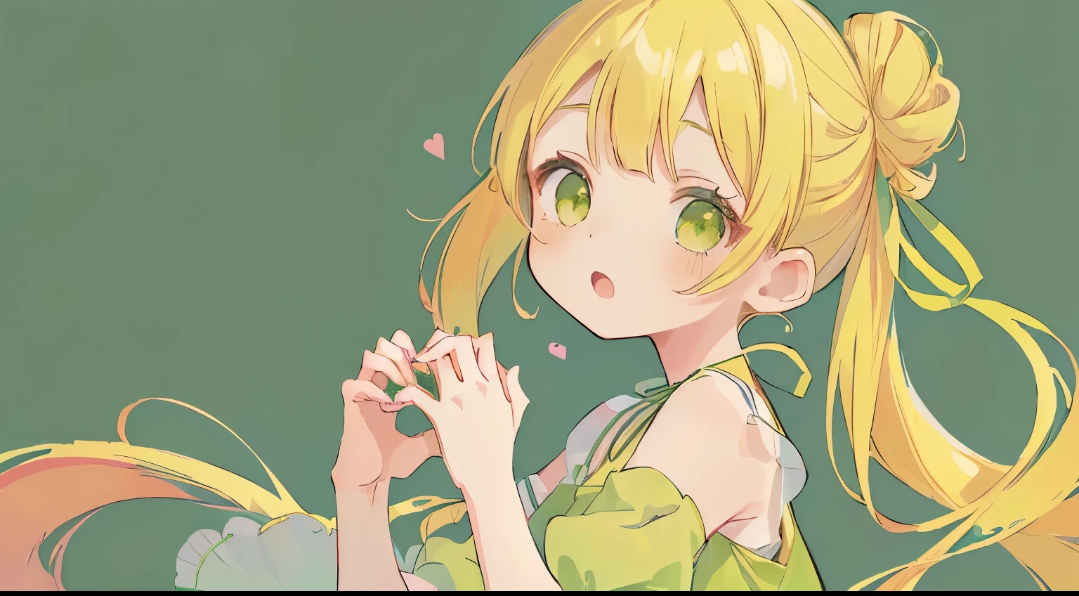 absurderes, hight resolution, (Anime style:1.1), ((masutepiece)), ((Best Quality)), (Ultra-detailed), (Beautiful),Beautiful face、(liftup),Cute *********** s、(((Twin-tailed、Bun hair、Yellow hair、Long、ロングTwin-tailed)))(((Green dress、frilld、Green ribbon)))(()Delicate eyes、Yellow eyes、Mine clothing、)(((((The upper part of the body、hands are heart、((hands are heartの形)))))))Stuffy face、round mouth(((Green background、Background Simple)))(((((Long)))))((((Green dress))))((((((1girl in))))))