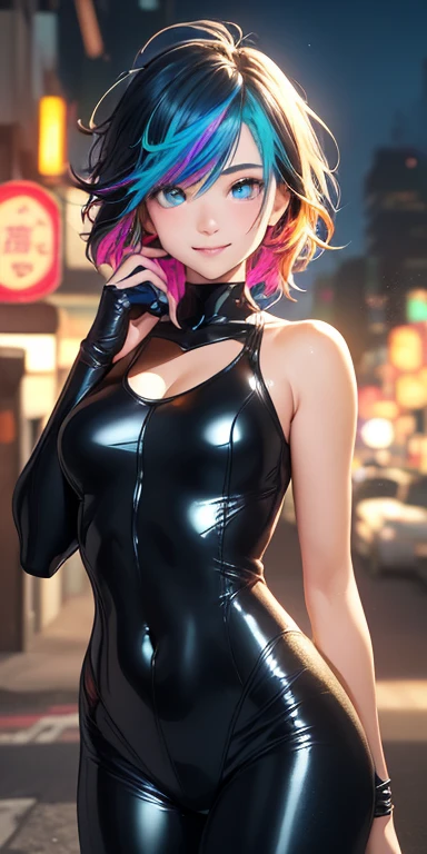 , (short multicolored fluorescence hair:1.5,messy hair:1.5), (photorealistic:1.8), (masterpiece, sidelights, exquisite beautiful eyes: 1.5), masterpieceportrait, realistic, 3D face,(cute face),front view: 1.6、 (glowing blue eyes:1.2),plump face:1.5,(tareme:1.5)、(seductive smile:1.2),Rosy Mouth,Slim Body,abs, shiny hair, shiny skin: 1.5、medium breasts,、solo,,(stand)、(ネオcyber-Punk body suit)、(charactor focus:1.5、portlate、cowboy shot),late night neon street,