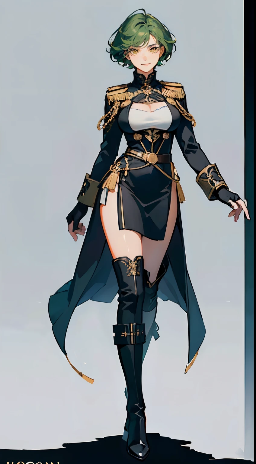 ((masterpiece,best quality,8k,highres)),((character concept art)), 1 female, middle- female, Navy General, 165cm height, extraordinary gorgeous, charming, (smirk smile), shapely breasts, hourglass body shape (muscular), ultra finely detailed eyes (yellow eyes colour), intricate details, short curly hair, (green hair colour), super finely detailed hands, ultra finely detailed fingers(((ten finger))), full black Navy General outfit, black navy coat, black gloves, black boots, standing still, full body showcase, (show full body), (no logos on background), (no logo), (( background)), ((plain background)), ((plain background)), (((empty background)))