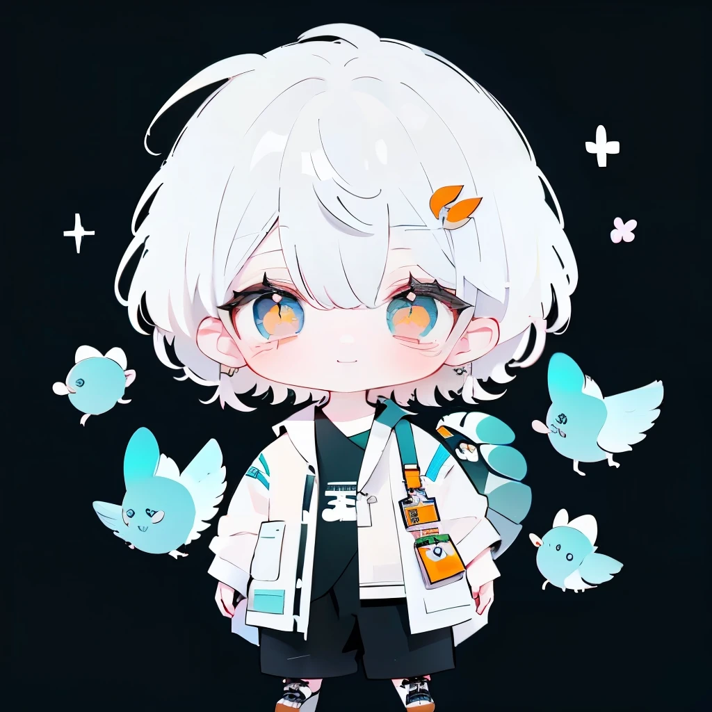 🦕🍊🐭,white  hair,Male ,Full body,Chibi,frontage、a smile、