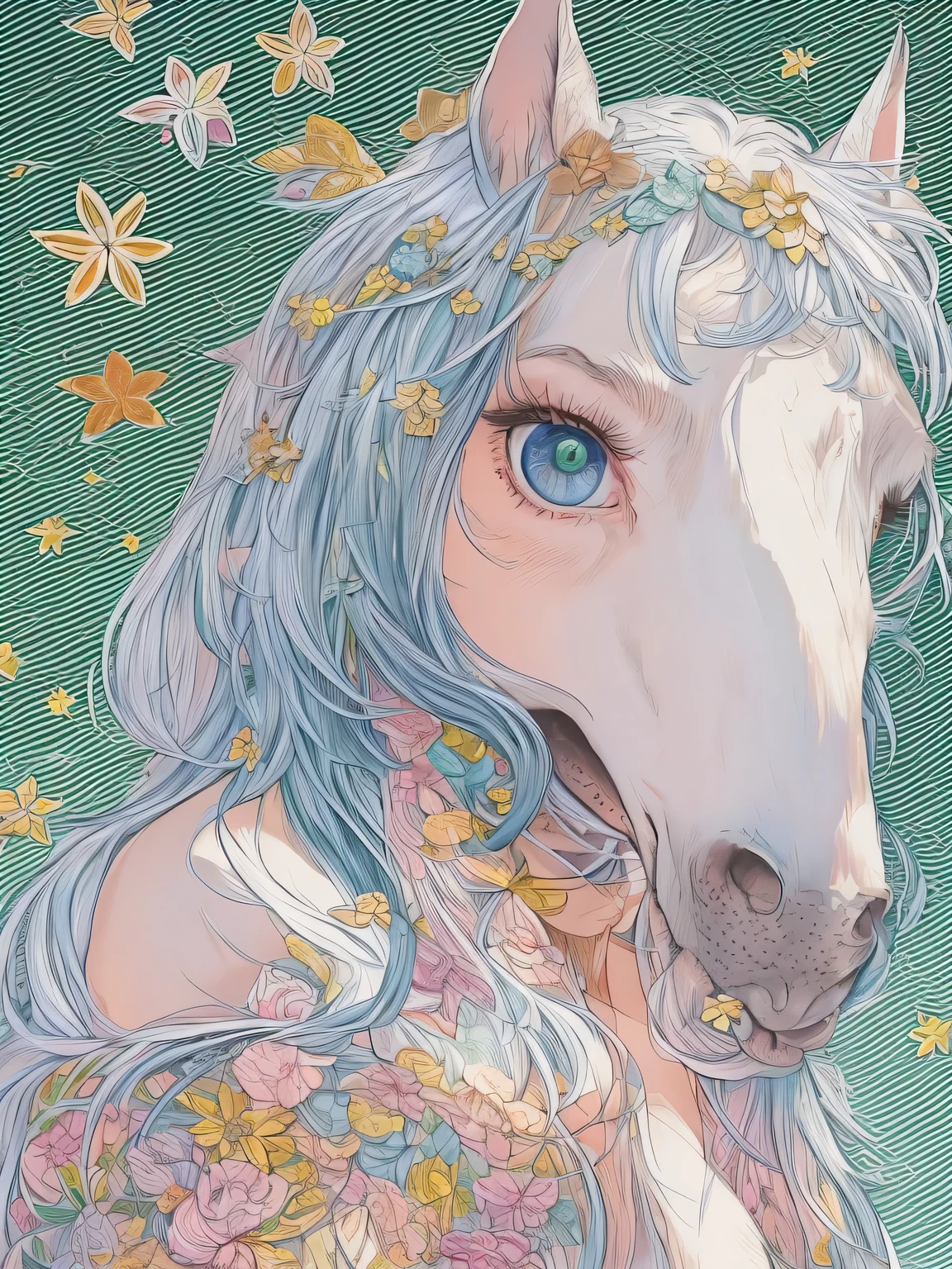 (masutepiece, Best Quality), girl playing with a beautiful horse、profile、Clean hair ornament, enticing, big gorgeous eyes,　(Detailed eyes, Eyes Like Gems, Sparkling eyes:1.3) , Soft smile, perfect slim fit body, Blue sky, (plein air), Bright colors, (Risograph)