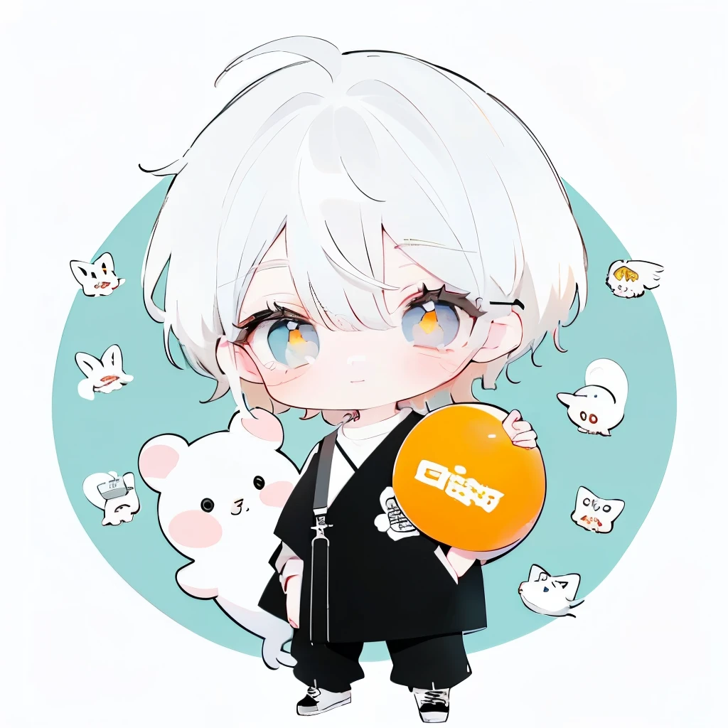 🦕🍊🐭,white hair,Male child,Full body,Chibi,frontage、a smile、