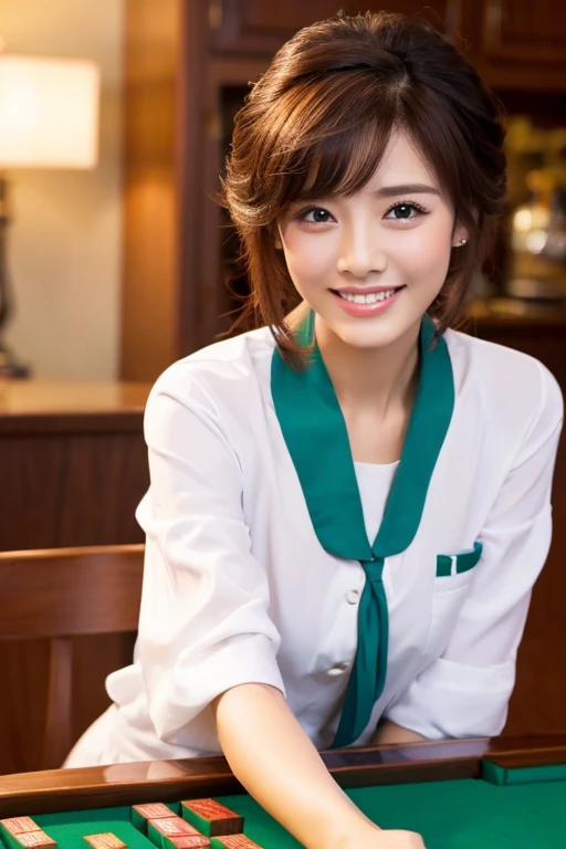 top-quality、masterpiece、hight resolution、4K、real 20 year old woman、female mahjong player、mahjong costume、a smile、Hairstyle is semi-long、1girl in、